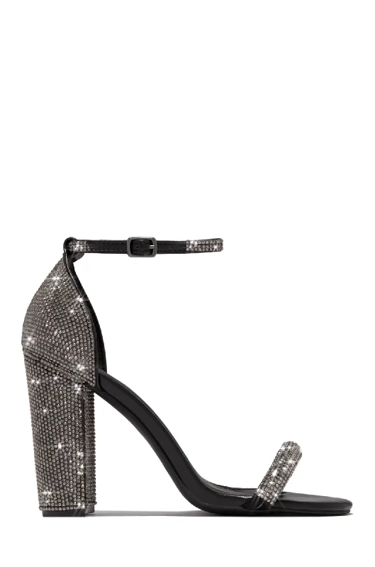 Dayana Embellished Block High Heels - Black Elastic - Sided Chelsea Look  