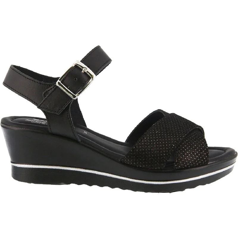 Women's Spring Step Rochelle Black Leather Chunky Platform Sneaker Style  