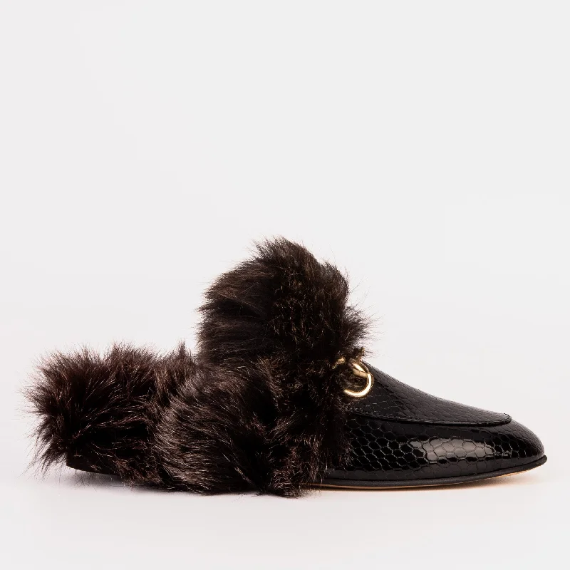 The Izmir Black Patent Leather Natural Fur Women Slipper Chunky Platform Sneaker Style  