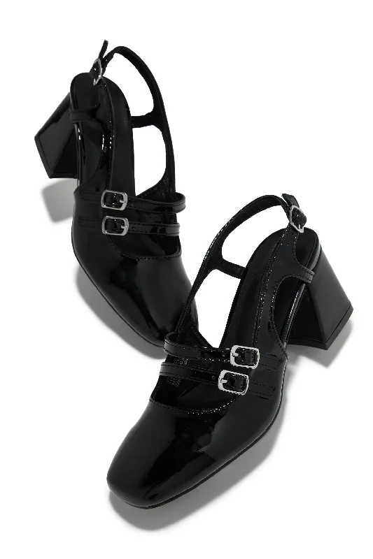 Elly Block Mid Heels - Black Metallic Trim Shoe Design  