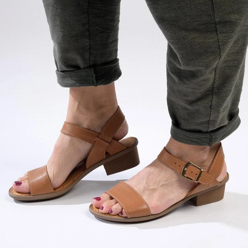 Tsonga Kangcono Leather Low Block Heel Sandal - Hazel Relaxa Ivy League - Inspired Derby Look 