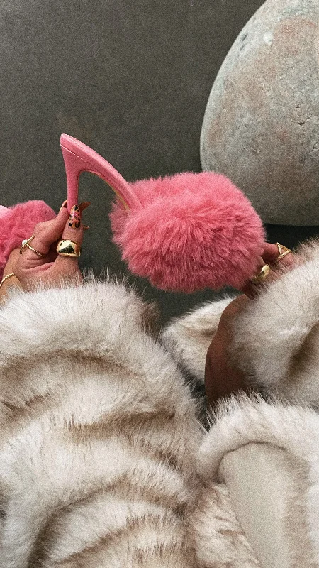 Cherie Faux Fur High Heel Mules - Pink Casual Loafer Style          