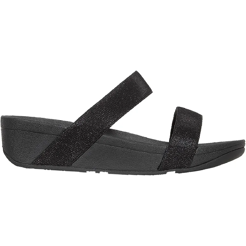 Women's Fit Flop Lottie Glitzy Slide Black Fabric Distressed Leather Shoe Style  