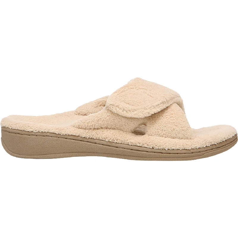 Women's Vionic Relax Slippers Tan Terrycloth Distressed Leather Shoe Style  
