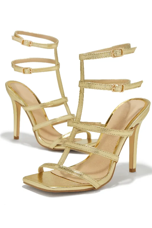 Luxury Essentials Caged Strap High Heels - Gold Bespoke Shoe Aesthetic 