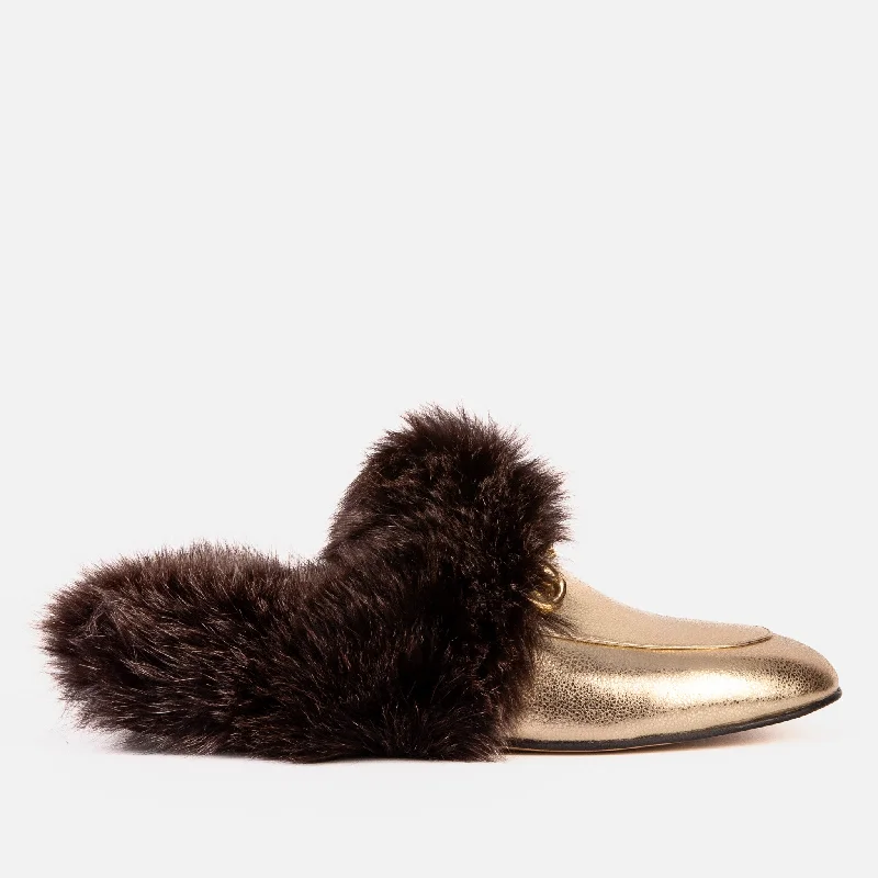 The Izmir Gold Leather Natural Fur Women Slipper Tassel Driving Shoe Look 