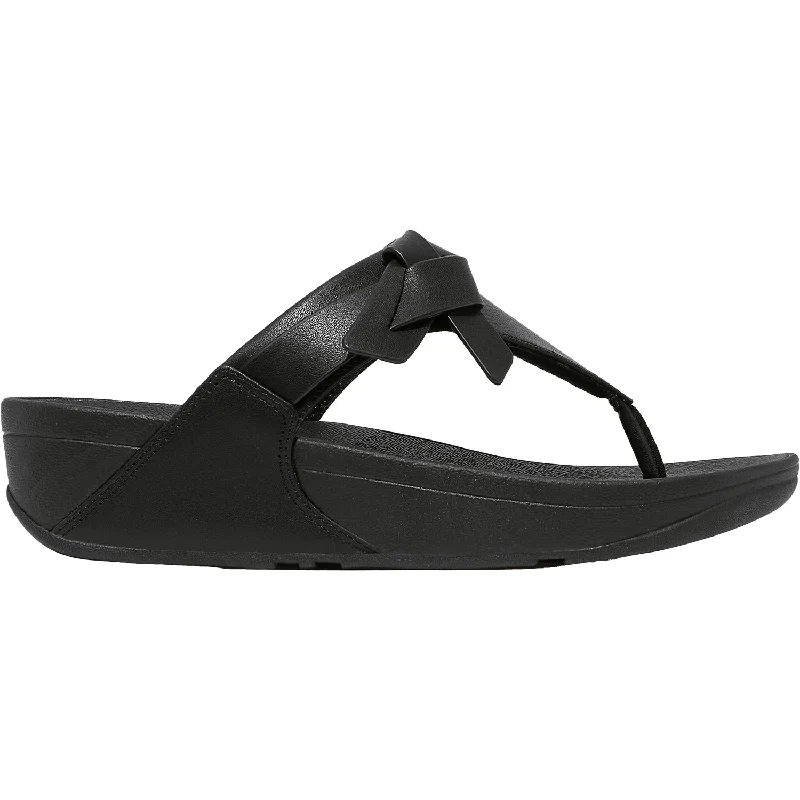 Women's FitFlop LuLu Folded Knot Toe Post Sandal Black Leather Minimalist Sneaker Style  