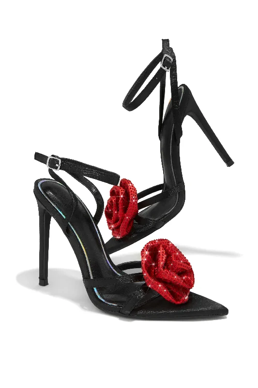 Rose Embellished Rose High Heels - Black Red Suede Desert Boot 