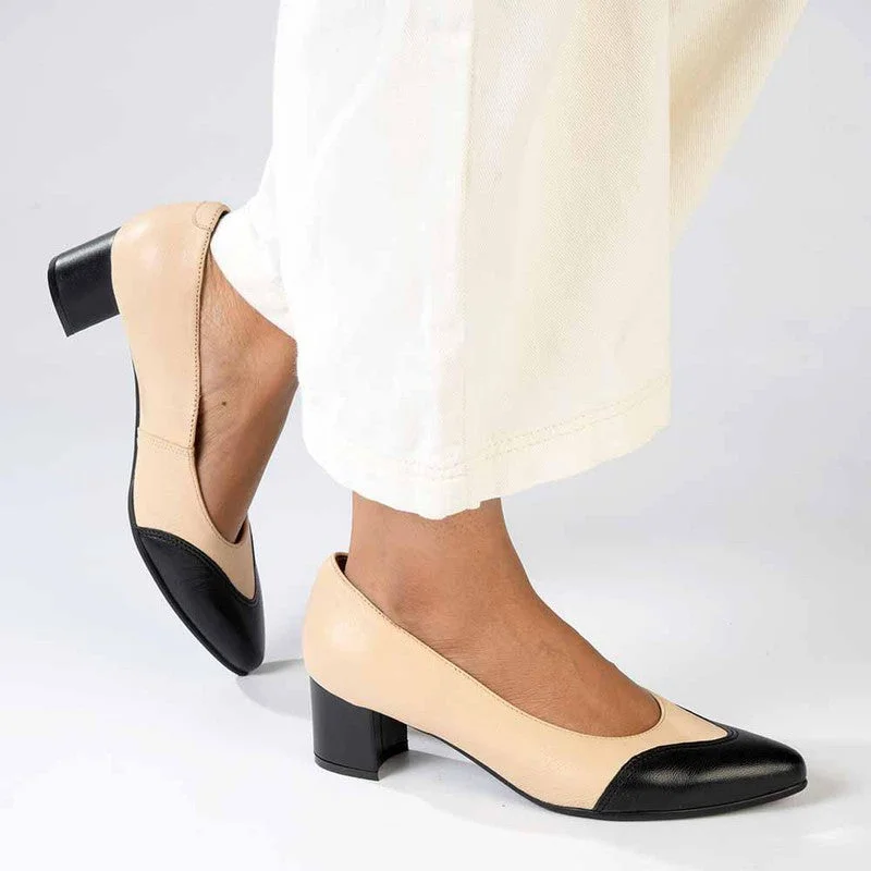 Froggie Spring Leather 2 Toned Block Court Heel - Cream / Black Business Monk Strap Style  