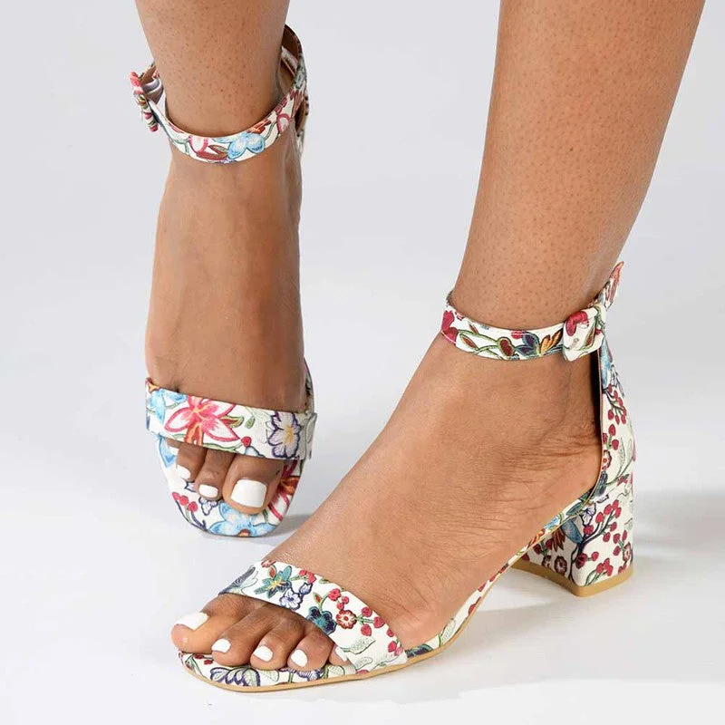 Madison Amira Block Heel Sandal - White Floral Striped Shoe Style  