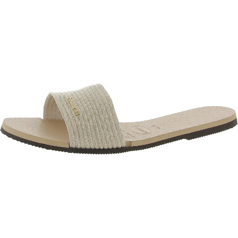 Havaianas Womens Metallic Slip On Slide Sandals Metallic Trim Shoe Design  