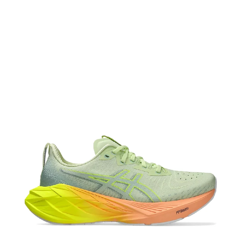 Asics Women's Novablast 4 Sneaker in Cool Matcha/Safety Yellow Striped Shoe Style  