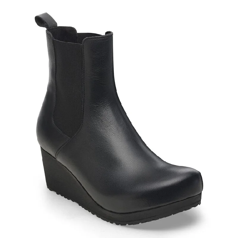 Birkenstock Women's Ebba Leather Slip On Wedge Boot in Black Metallic Trim Shoe Design Birkenstock Women's Ebba Leather Slip On Wedge Boot in Black Metallic Trim Shoe Design