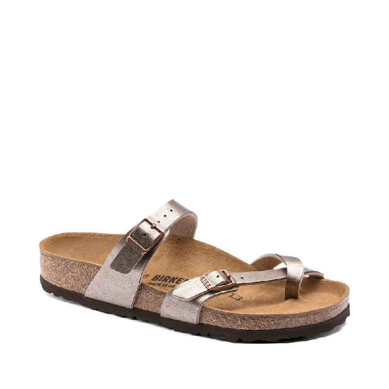 Birkenstock Women's Mayari Birko-Flor Toe Loop Sandal in Graceful Taupe Metallic Tailored Oxford Style Birkenstock Women's Mayari Birko-Flor Toe Loop Sandal in Graceful Taupe Metallic Tailored Oxford Style
