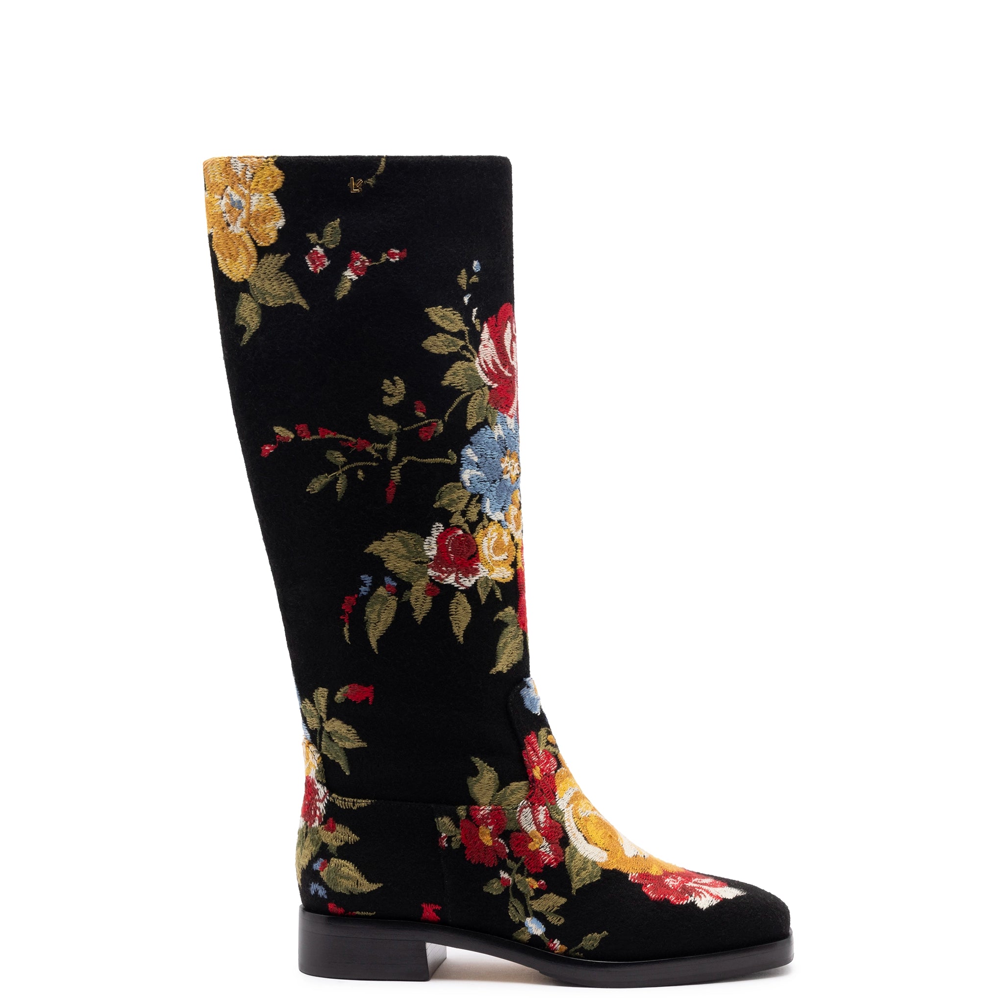 Larroudé x Markarian Flat Boot In Black Wool and Floral Embroidery Inflatable Shoe Look Larroudé x Markarian Flat Boot In Black Wool and Floral Embroidery Inflatable Shoe Look