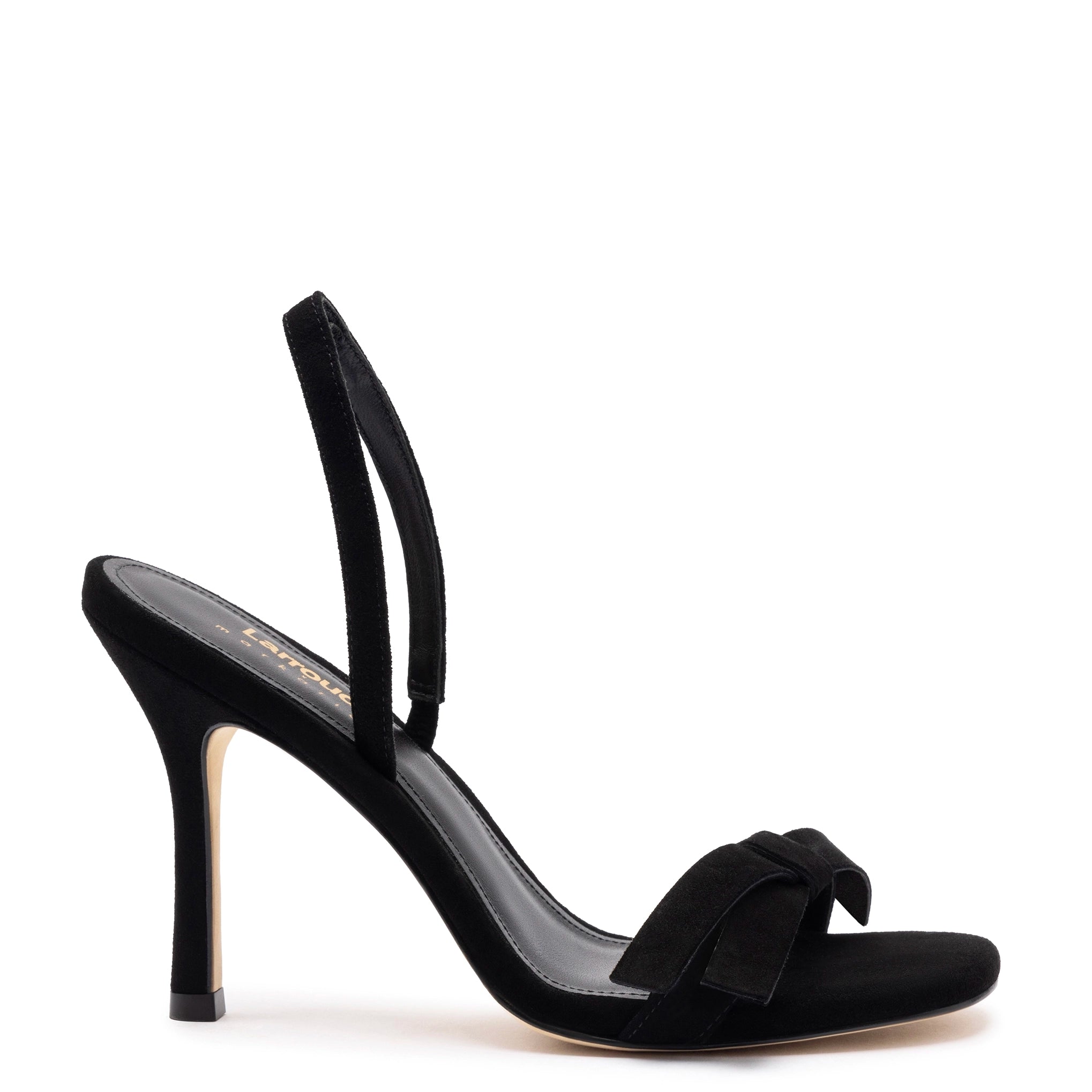 Larroudé x Markarian Sandal In Black Suede Quilted Shoe Design  