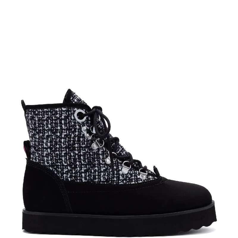 Vail Boot In Black Tweed and Suede Beaded Moccasin Design 