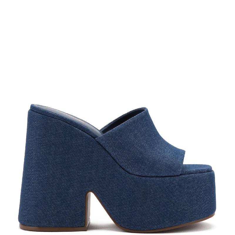 Wanda Platform Mule In Blue Denim Waterproof Hiking Boot Design  