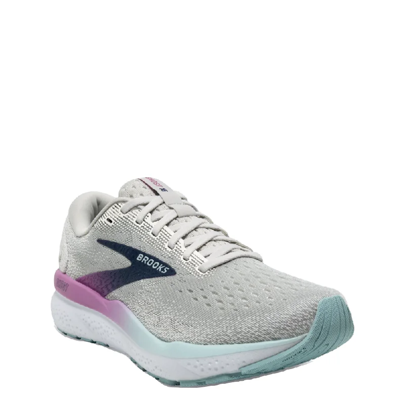 Brooks Women's Ghost 16 Sneaker in White/Grey/Estate Blue Ivy League Loafer Look 