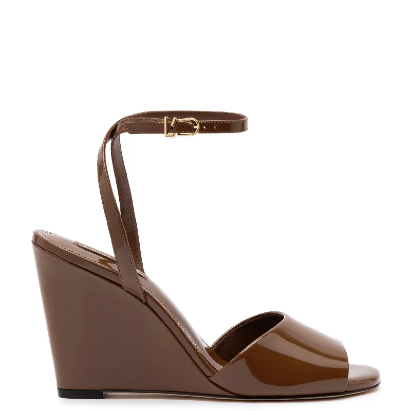 Yves Wedge In Burnt Umber Patent Leather Strap - Up Sandal Resort Style  