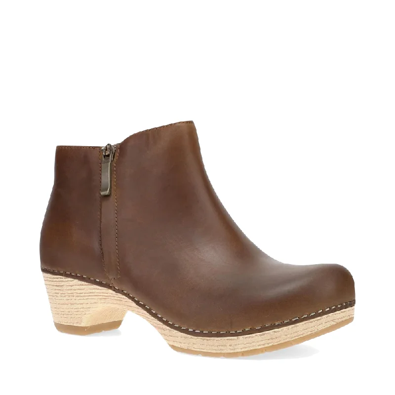Dansko Women's Lizanne Heeled Oiled Leather Boot in Tan Ivy League Loafer Look 