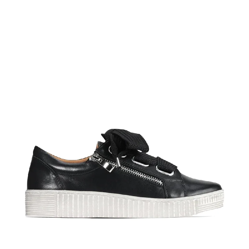 EOS Footwear Women's Jovi Leather Tie Sneaker in Black Striped Shoe Style  