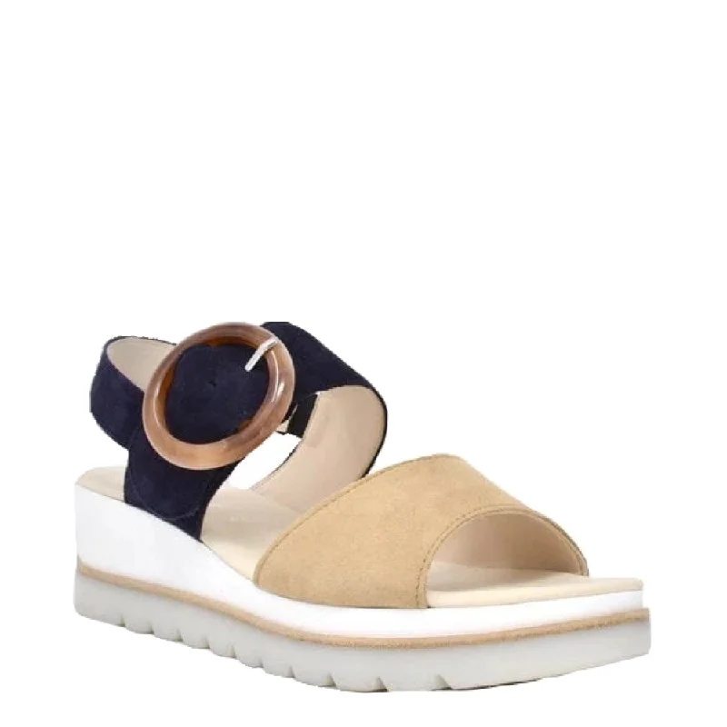 Gabor Women's Slingback Platform Wedge Sandal in Caramel/Atlantik Tan/Navy Checkered Shoe Pattern Look Gabor Women's Slingback Platform Wedge Sandal in Caramel/Atlantik Tan/Navy Checkered Shoe Pattern Look