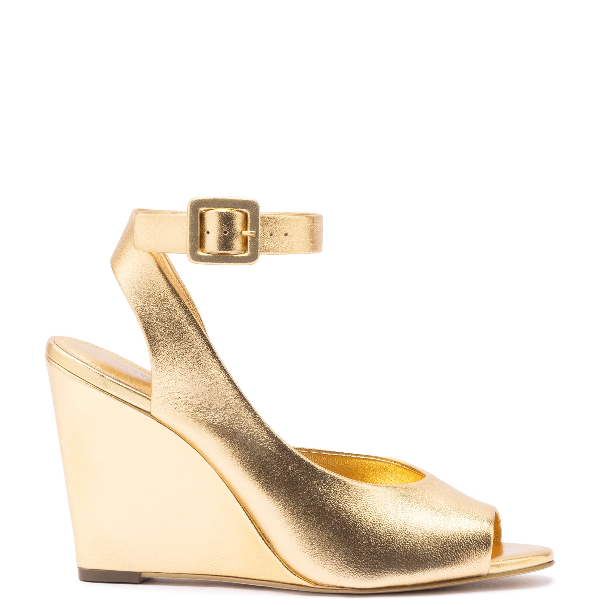 Deena By Larroudé Wedge Sandal In Gold Metallic Leather Embroidered Cowboy Boot Design Deena By Larroudé Wedge Sandal In Gold Metallic Leather Embroidered Cowboy Boot Design
