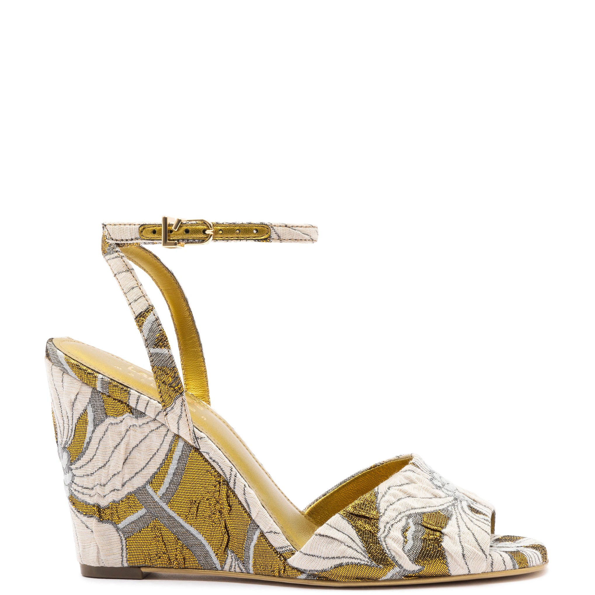 Larroudé x Markarian Wedge In Gold Floral Dutel Bespoke Shoe Aesthetic 