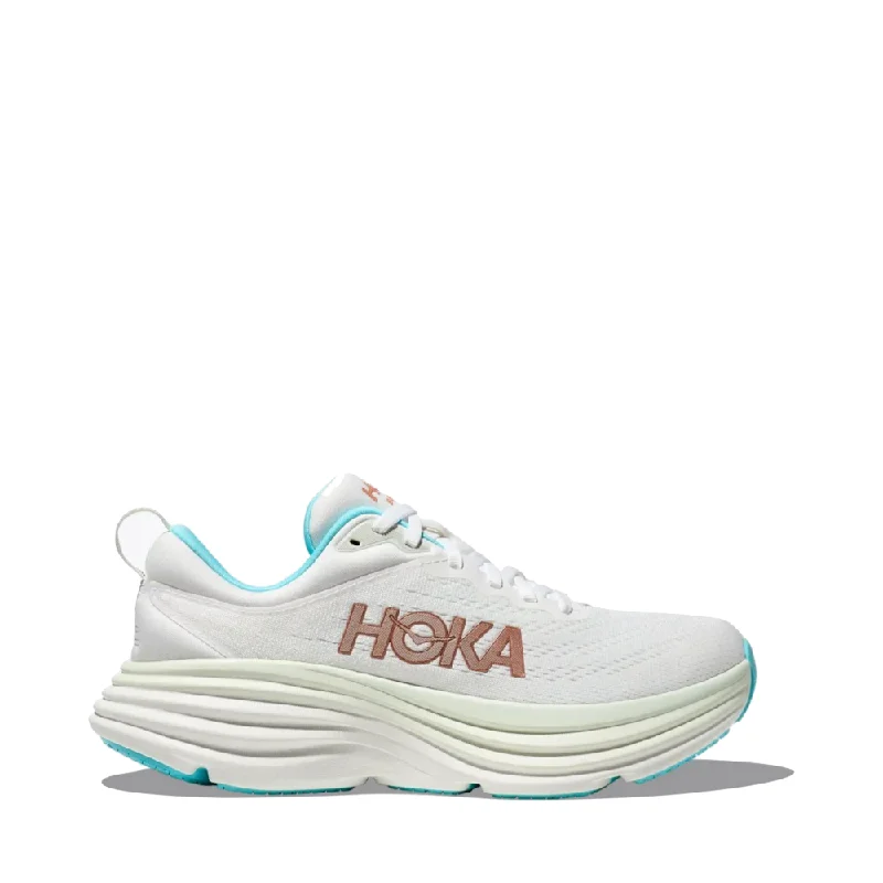 Hoka Women's Bondi 8 Running Sneaker in Frost/Rose Gold Business Monk Strap Style  
