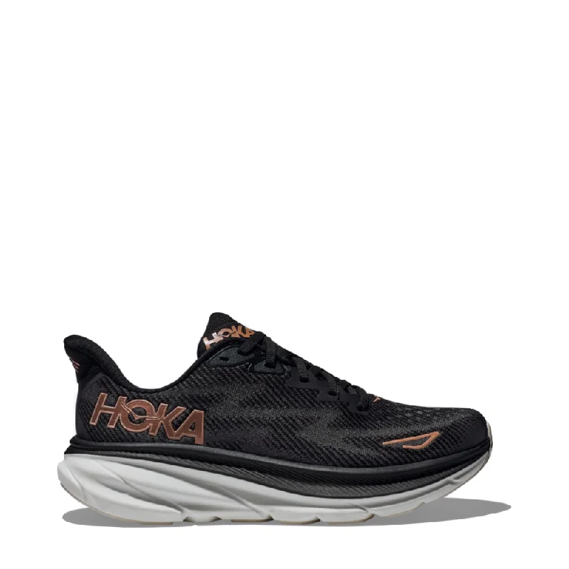 Hoka Women's Clifton 9 Sneaker in Black/Rose Gold Athleisure Derby Style  