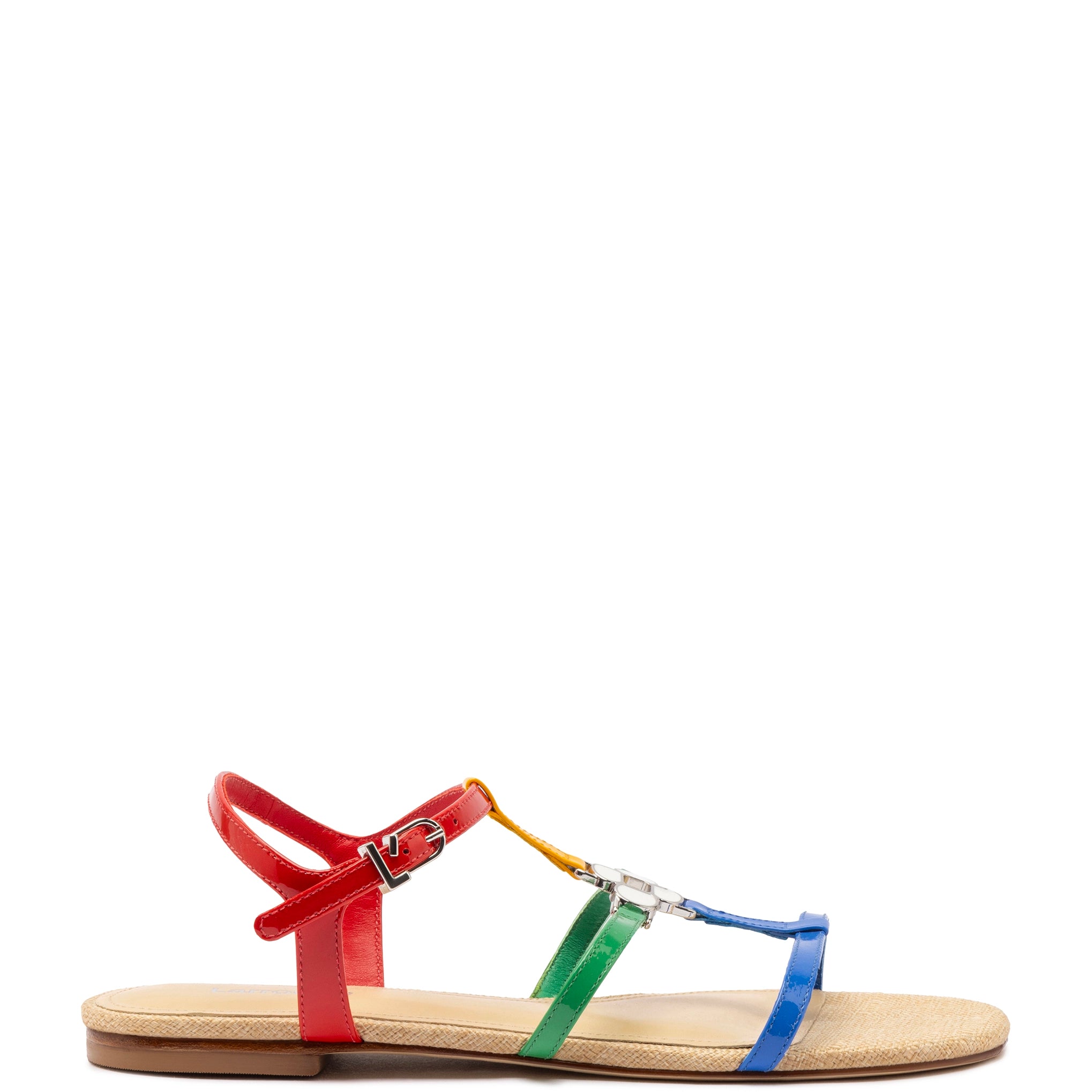 Hana Flat Sandal In Multicolor Patent Leather and Raffia Monochromatic Shoe Look  