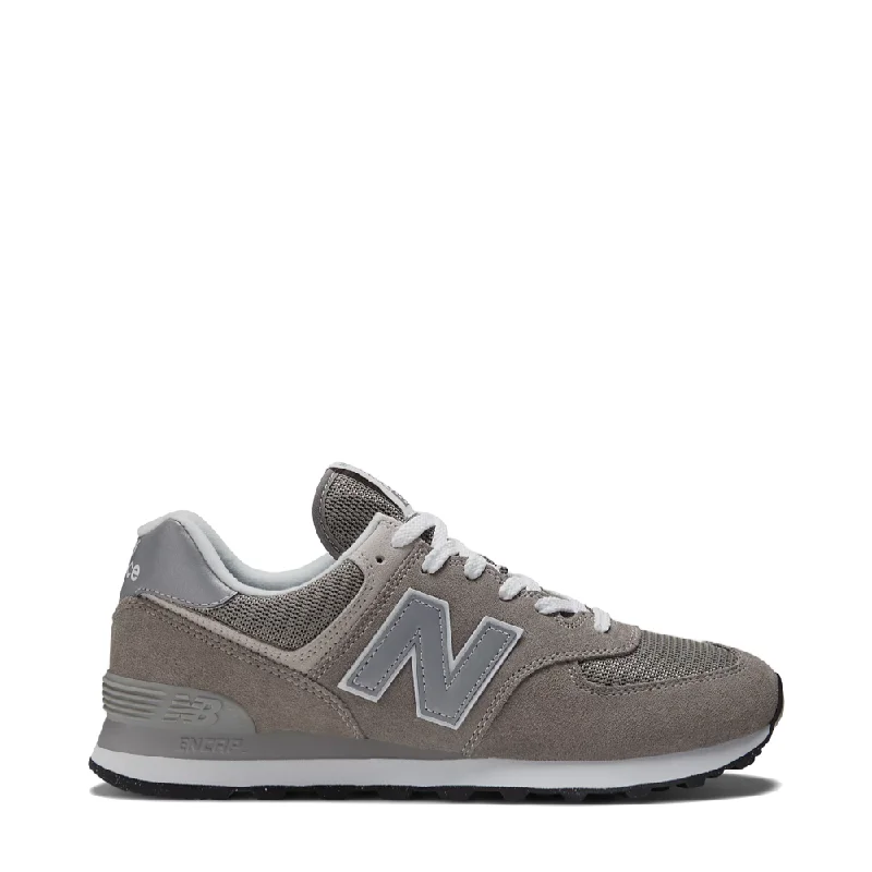 New Balance Men's 574 Sneaker in Grey with White Patchwork Shoe Aesthetic  