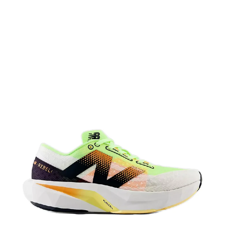 New Balance Women's FuelCell Rebel v4 Sneaker in White with Bleached Lime Glo and Hot Mango Monochromatic Shoe Look New Balance Women's FuelCell Rebel v4 Sneaker in White with Bleached Lime Glo and Hot Mango Monochromatic Shoe Look