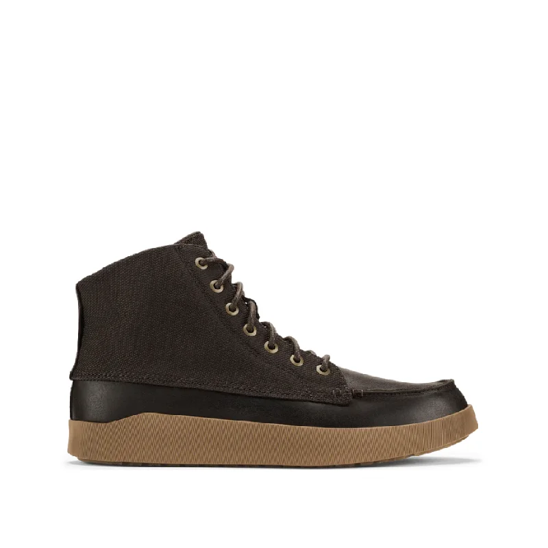 OluKai Men's Mōlina Leather Boots in Dark Wood Checkered Shoe Pattern Look  