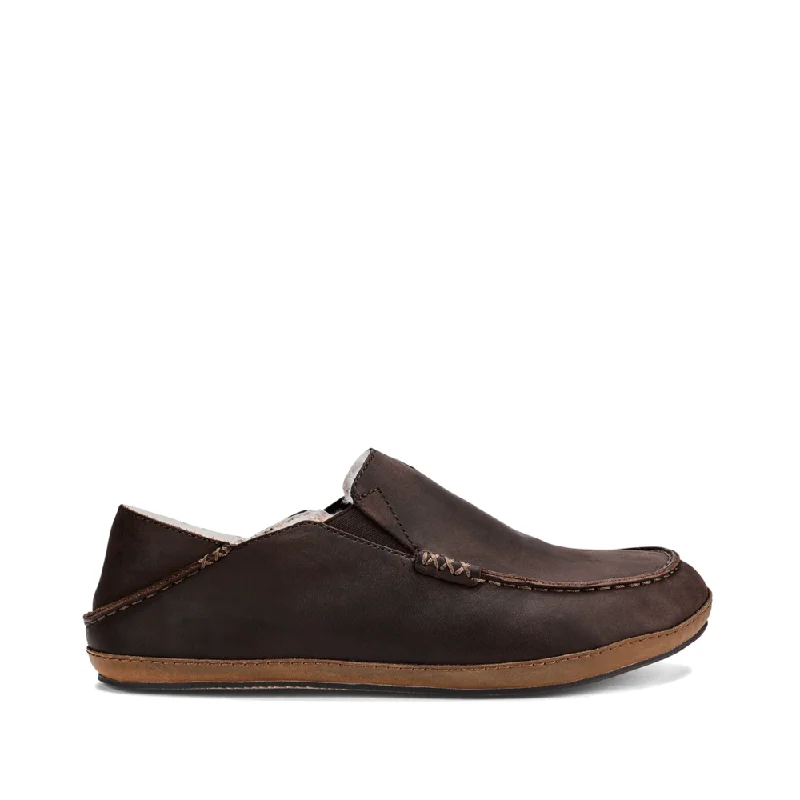 OluKai Men's Moloa Leather Shearling Lined Slipper in Dark Wood Brown Aesthetic  