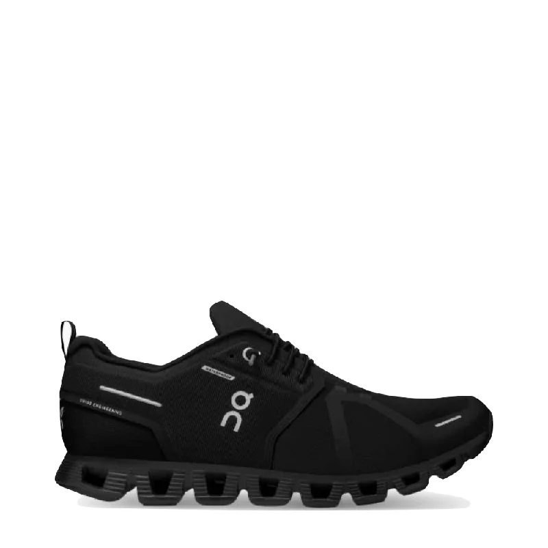 On Men's Cloud 5 Waterproof Sneaker in All Black Open - Lacing Derby Look  