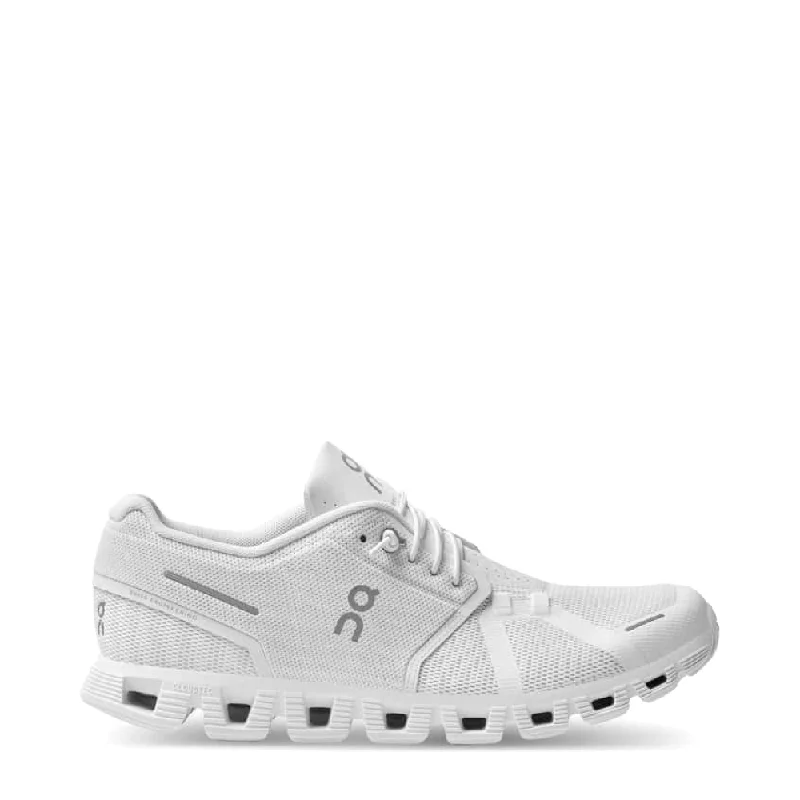 On Women's Cloud 5 Sneaker in All White Loose - Fit Slipper Style  