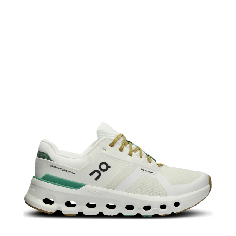 On Women's Cloudrunner 2 WIDE Width Sneaker in Undyed/Green Quilted Shoe Design  