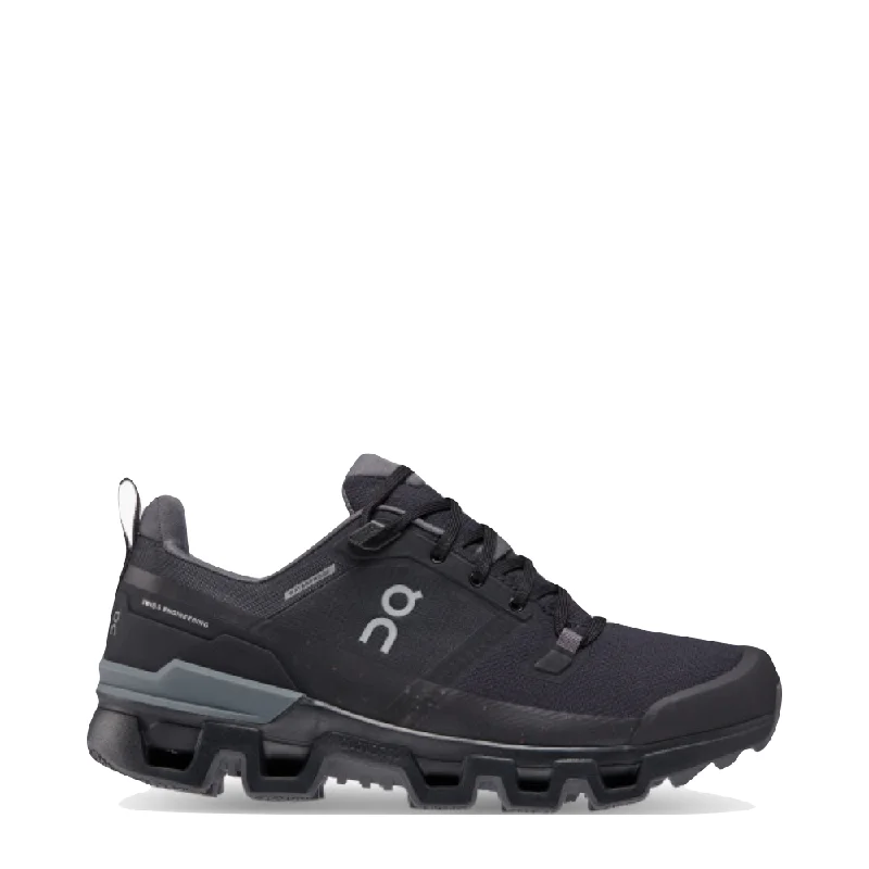 On Women's Cloudwander Waterproof Low Hiking Shoes in Black/Eclipse Open - Lacing Derby Look  