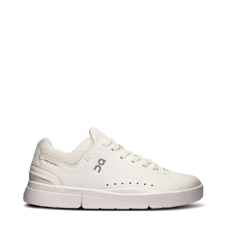 On Women's THE ROGER Advantage Sneaker in White/Undyed Moccasin Soft - Sole Style  
