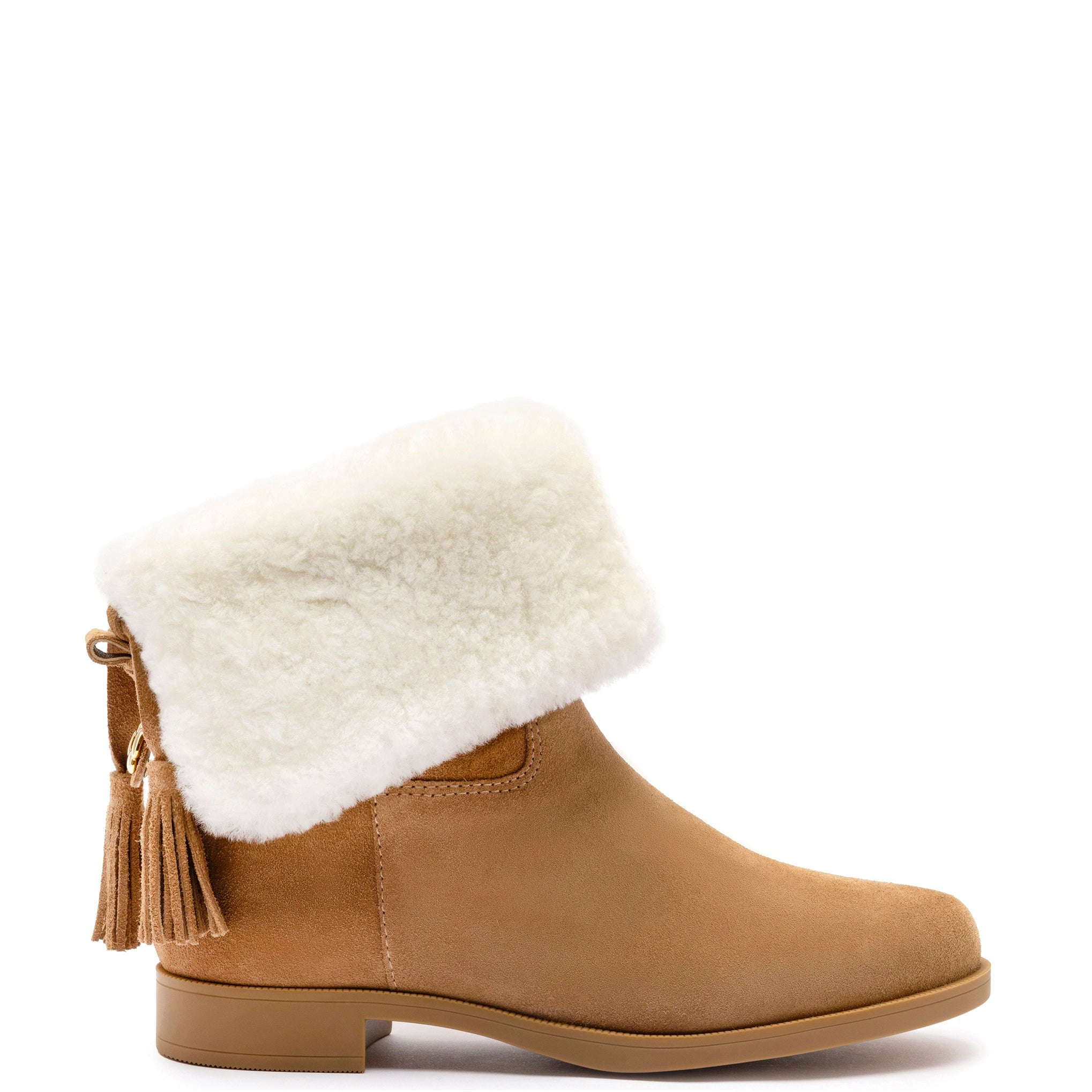 Verbier Bootie In Peanut Suede and Natural Shearling Two - Tone Shoe Design  