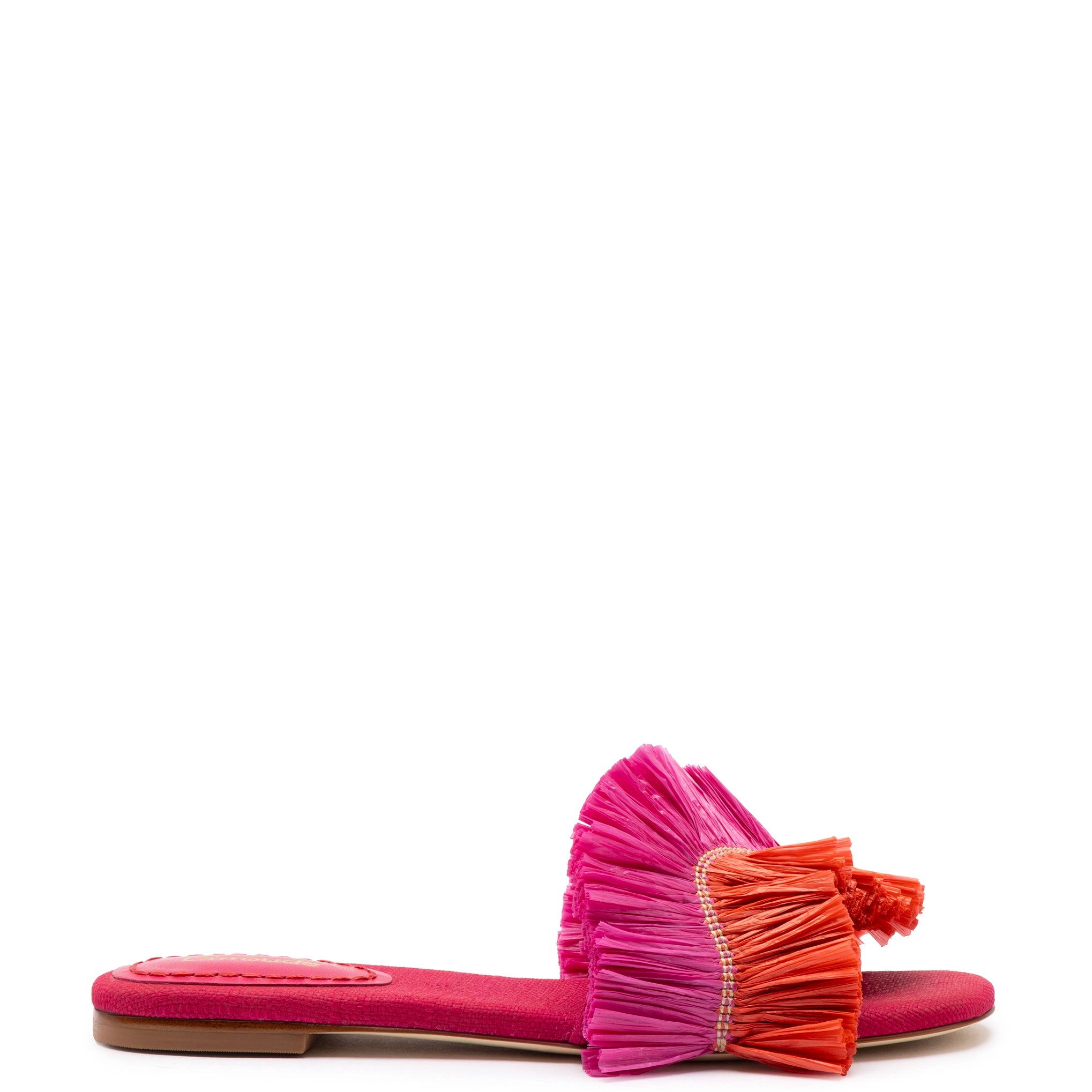 Ivy Fringe Flat In Pink and Orange Raffia Distressed Leather Shoe Style  