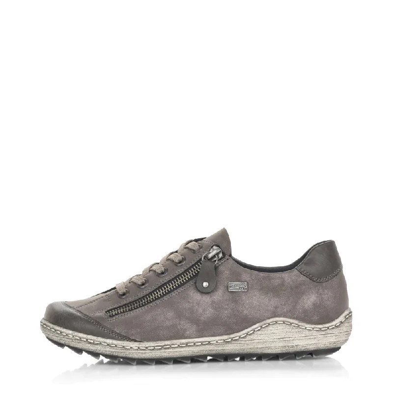 Remonte Women's Liv 02 Waterproof Side Zip Leather Lace Sneaker in Silver Sustainable Shoe Design Remonte Women's Liv 02 Waterproof Side Zip Leather Lace Sneaker in Silver Sustainable Shoe Design