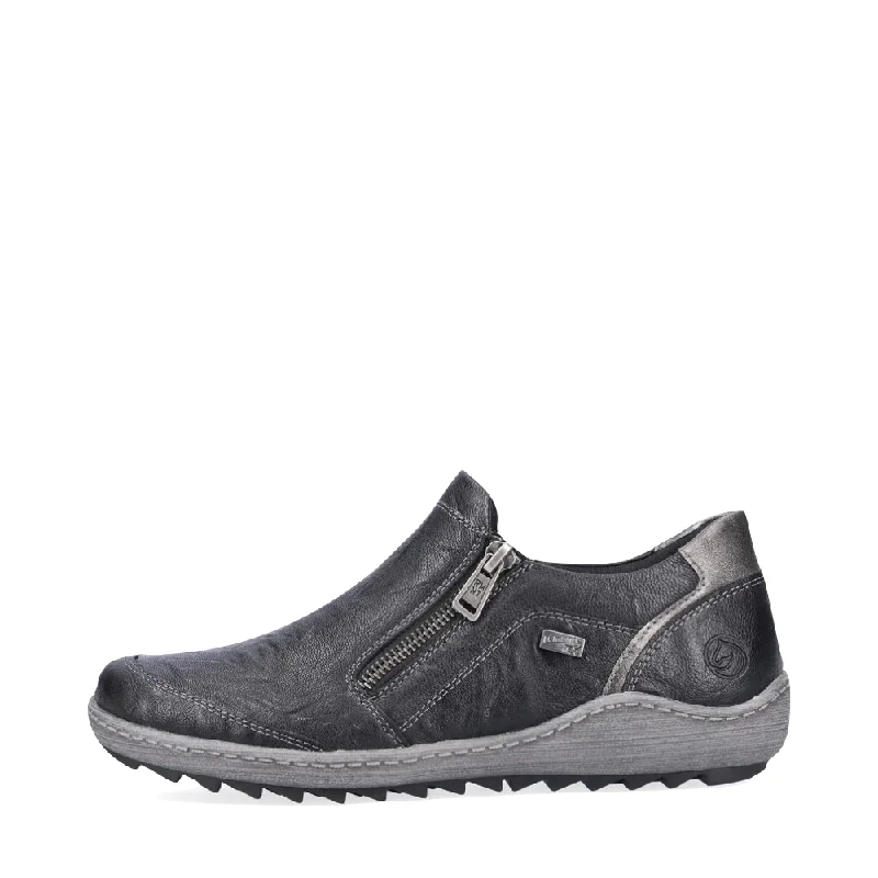 Remonte Women's Liv 28 Waterproof Leather Side Zip Slip On Sneaker in Black Artisan - Crafted Loafer Style Remonte Women's Liv 28 Waterproof Leather Side Zip Slip On Sneaker in Black Artisan - Crafted Loafer Style
