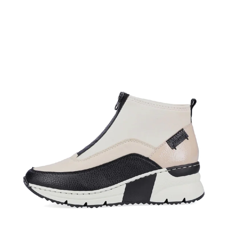 Rieker Women's Kitty 52 Front Zip Wedge Boot in Black/Cream Aesthetic  