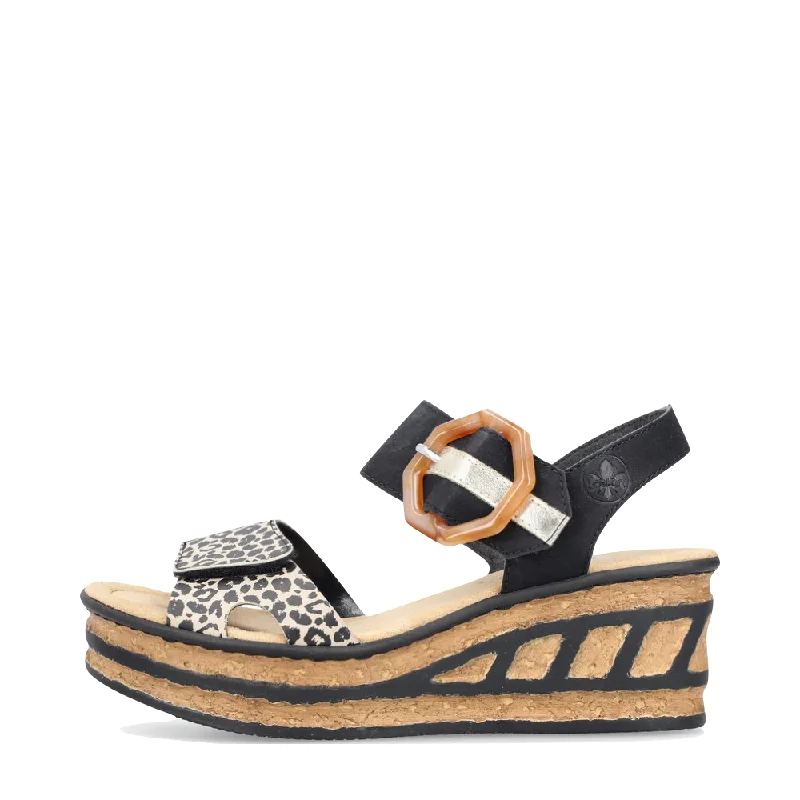 Rieker Women's Rose 76 Buckle Strap Wedge Sandal in Black Multi Neon - Accent Sneaker Look Rieker Women's Rose 76 Buckle Strap Wedge Sandal in Black Multi Neon - Accent Sneaker Look