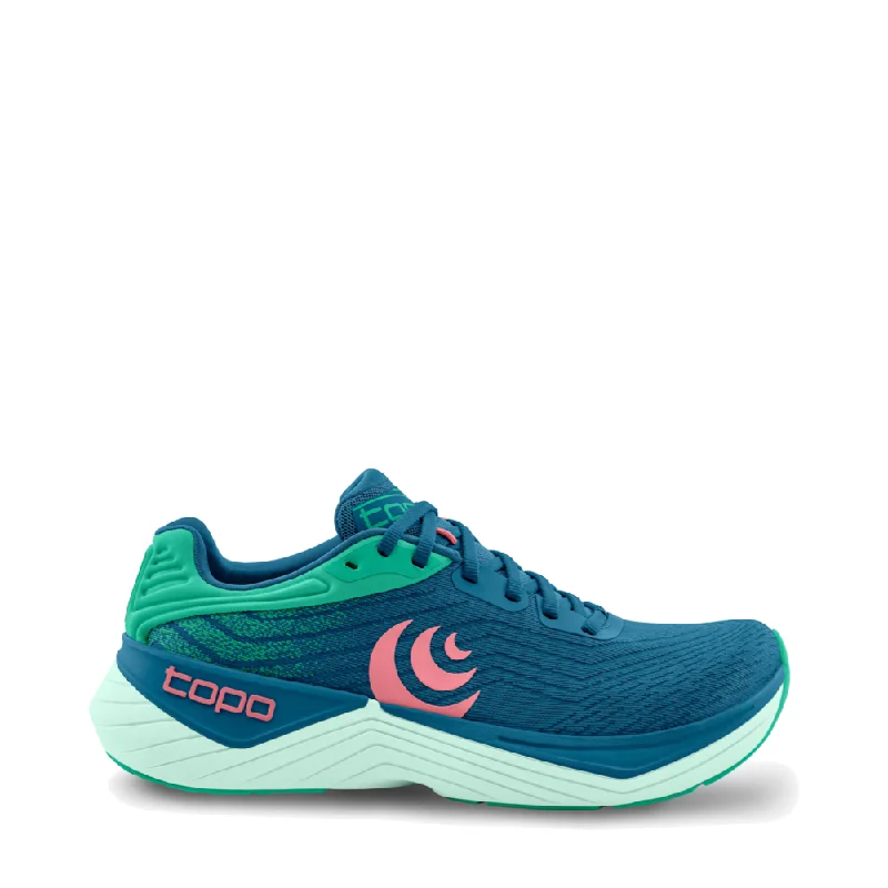 Topo Women's Ultrafly 5 Sneaker in Blue/Aqua Metallic Trim Shoe Design  