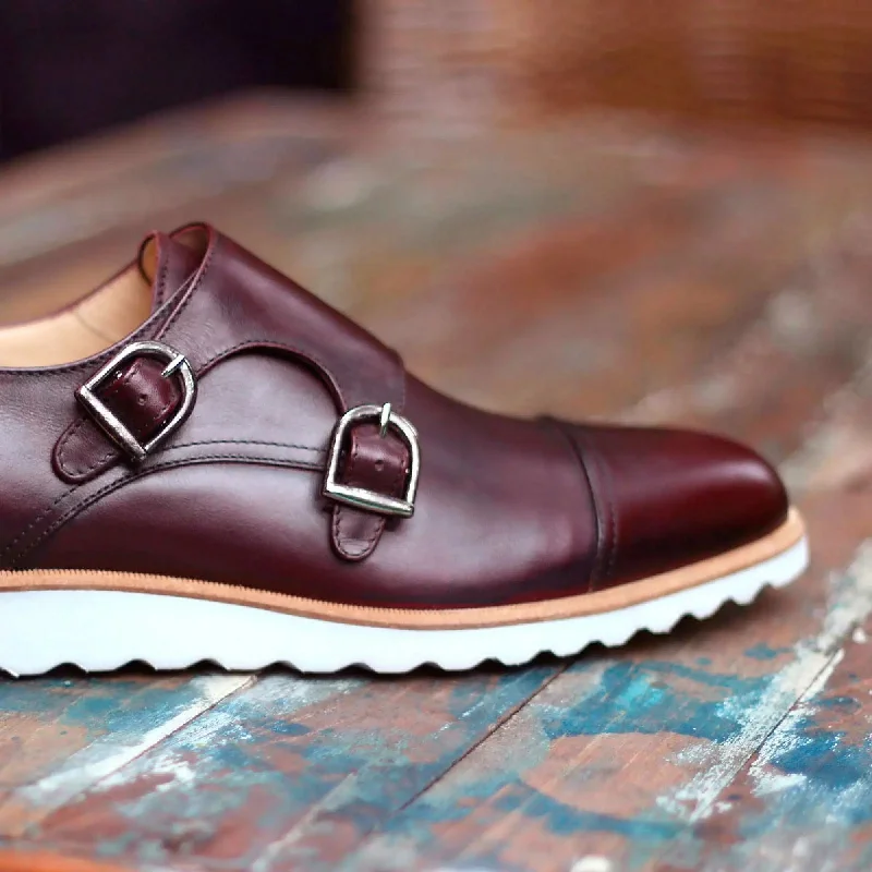 DapperFam Monaco in Burgundy Men's Italian Leather Double Monk Buckle -