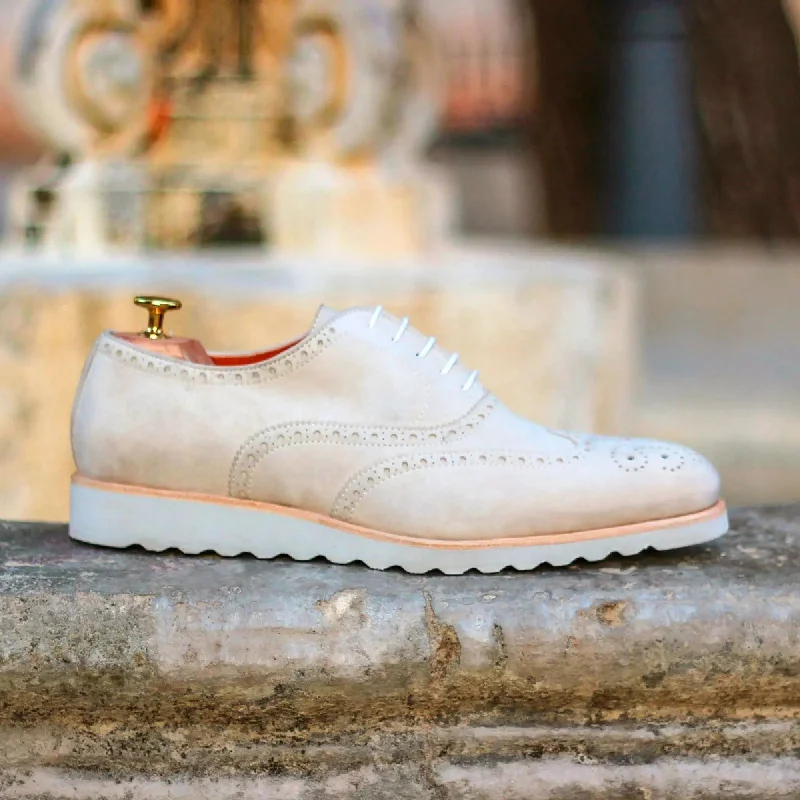 DapperFam Aeron in Ivory Men's Italian Suede Full Brogue Wingtip Oxford Design 